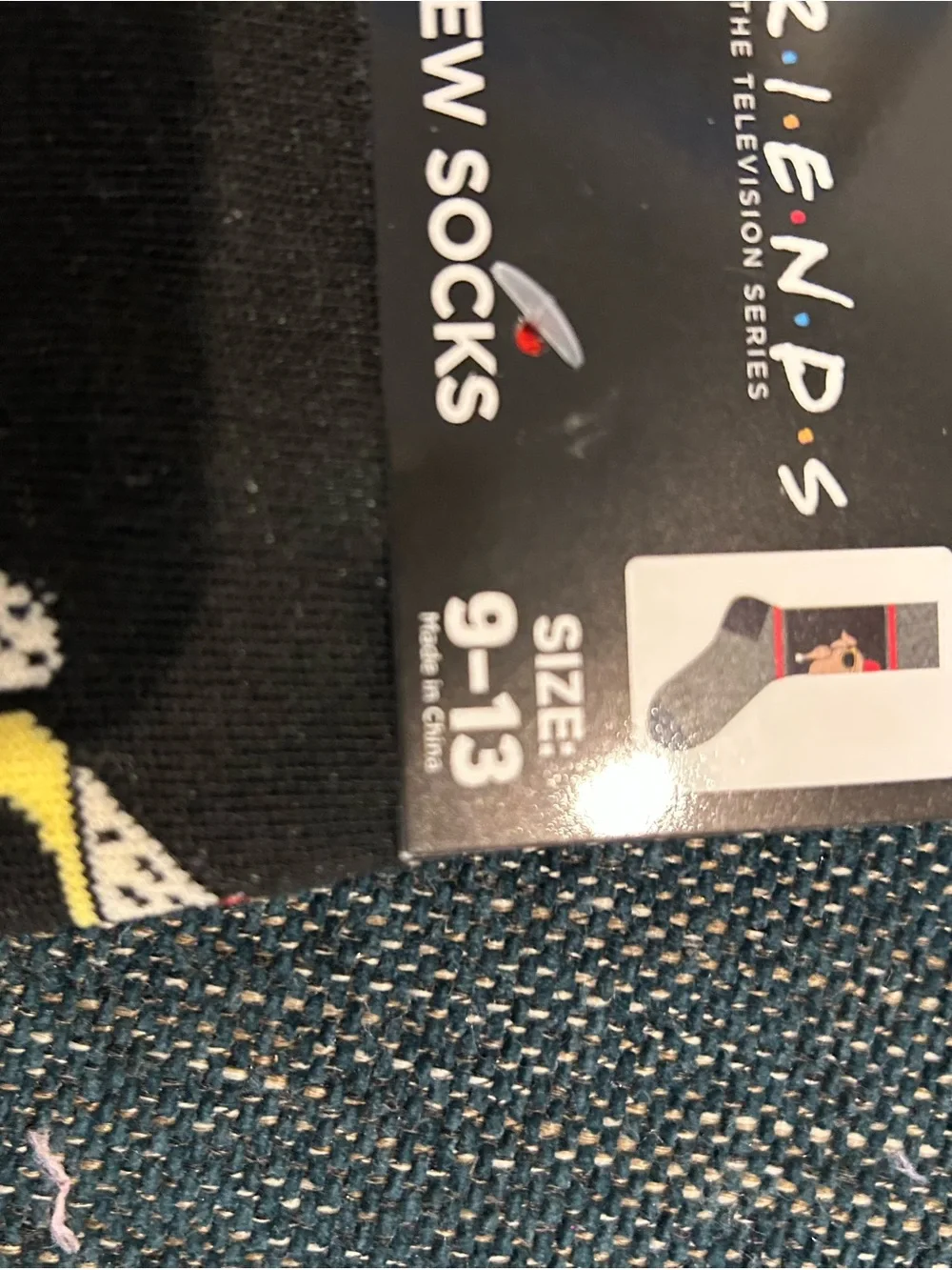 FRIENDS Black Crew Socks with White and Yellow Graphic